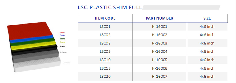 Plastic shim pad size specifications Plastic shim pad size specifications